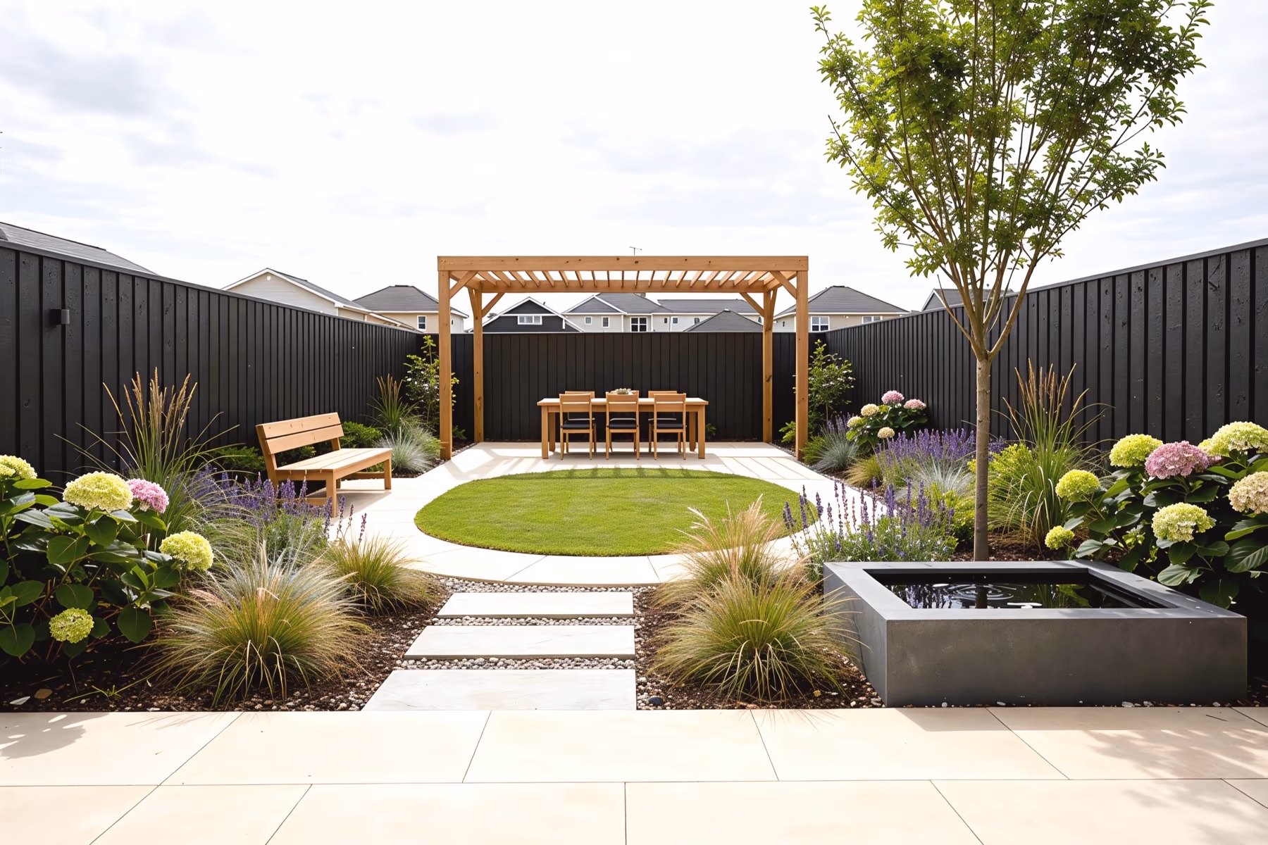 Back garden redesigned as a contemporary family garden with a pergola, oval lawn, water basin and charcoal fences