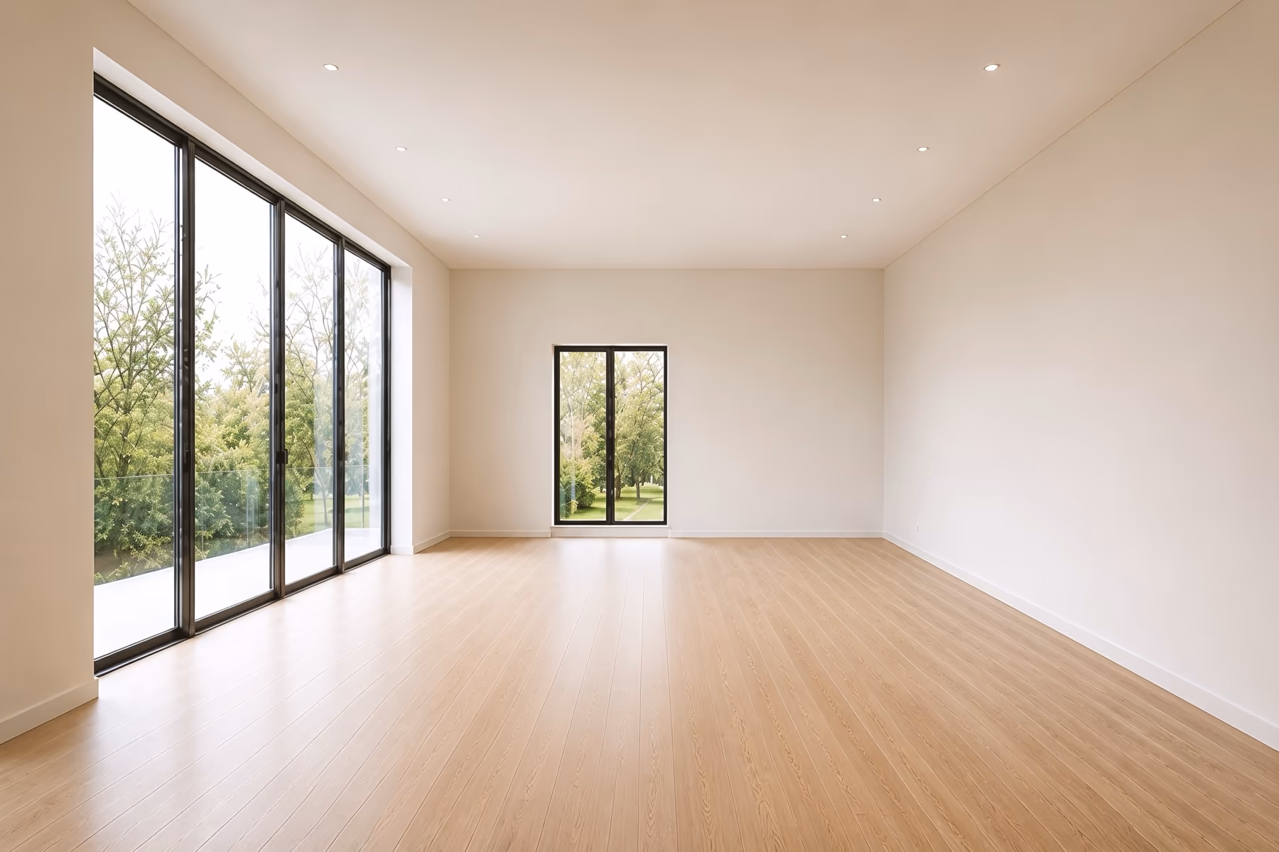Empty living room with floor to ceiling glazing, a wood floor and bare white walls