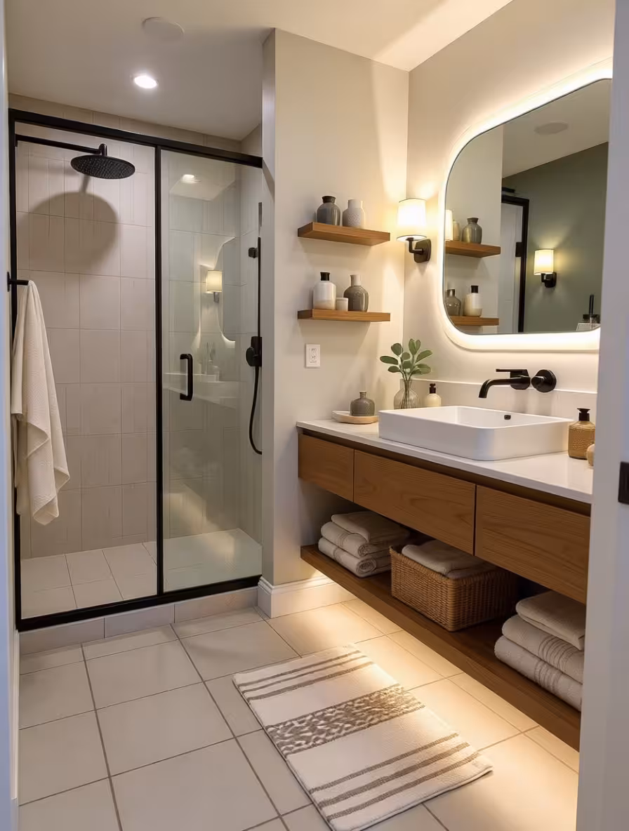 Modern bathroom with floating wood vanity, black framed shower glass, beige wall tiles, and open shelving