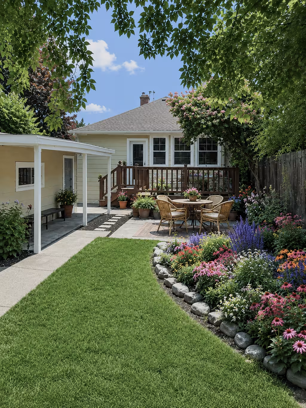 Suburban backyard at noon with wooden deck, round dining table, curved flower bed with coneflowers and purple blooms