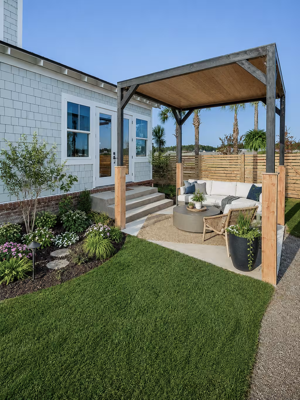 Coastal backyard with dark timber pergola, cream sectional sofa with blue pillows, and palm trees beyond wood fence