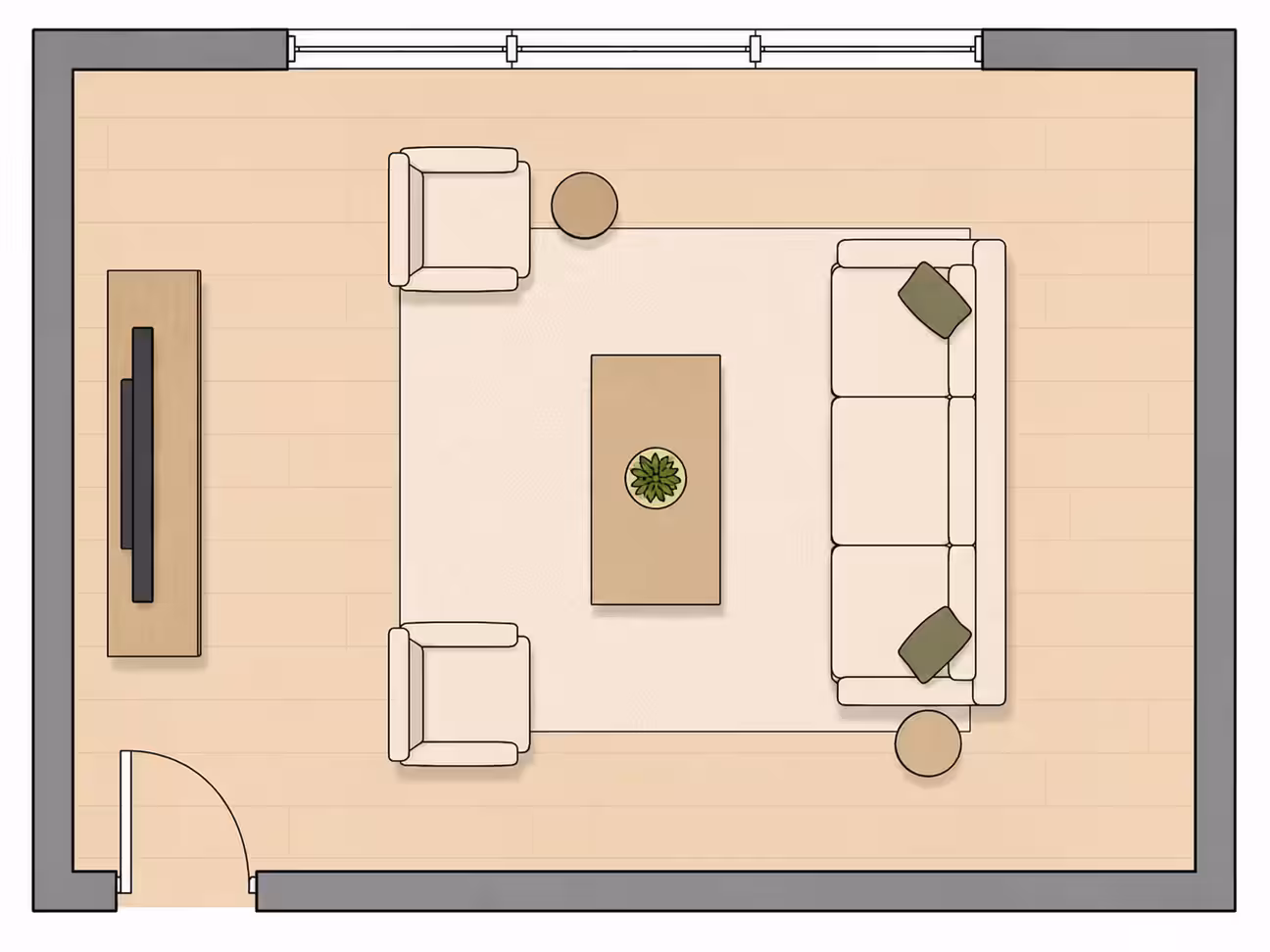 top-down 2D floor plan of a small rectangular living room with an L-shaped sectional sofa in the left corner, centered coffee table, and TV console on the right wall