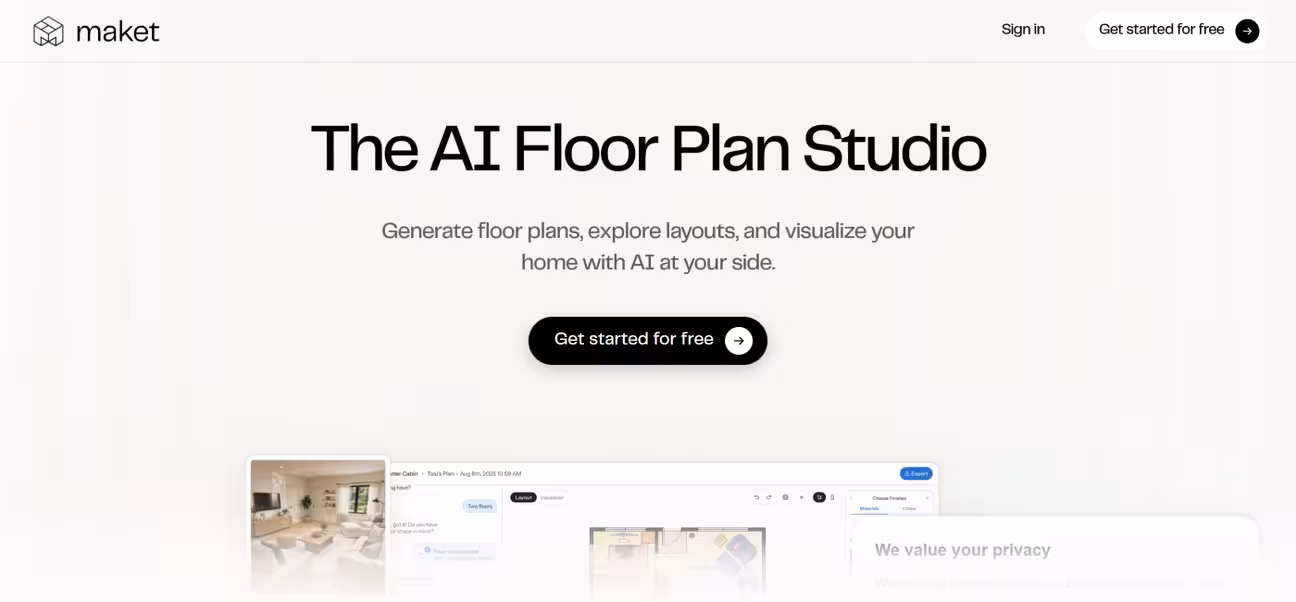 Screenshot of hero section of Maket AI landing page