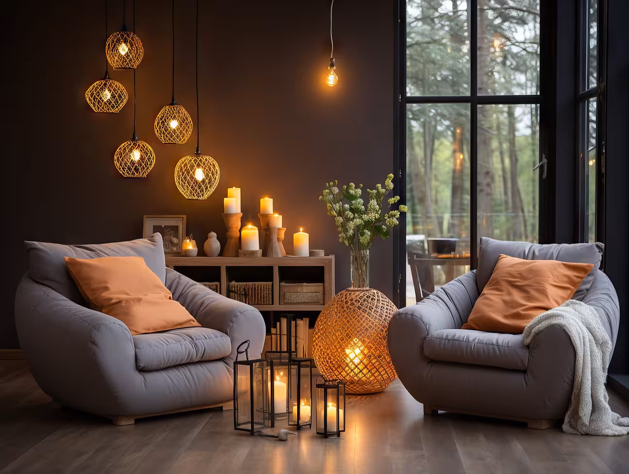Cozy living room with armchairs, warm pendant lighting, candles, and soft furnishings near a large window with forest view
