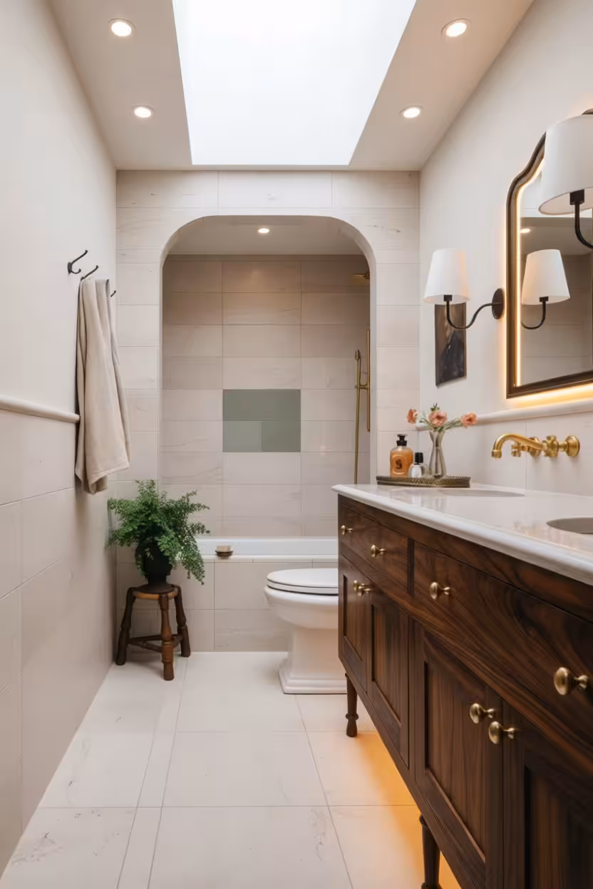 Contemporary bathroom with beige wall tiles, walnut vanity, brass fixtures, and arched shower niche