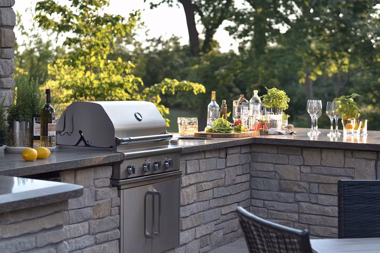 Elegant outdoor kitchen with built-in grill, stone countertop, hidden appliance setup and open patio arrangement for summer entertaining