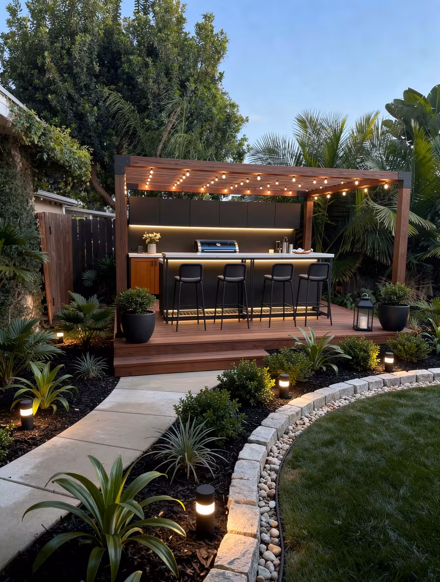 A modern outdoor kitchen with sleek black cabinetry, wooden pergola with string lights, bar stools, lush greenery, stone pathway, and warm ambient lighting.