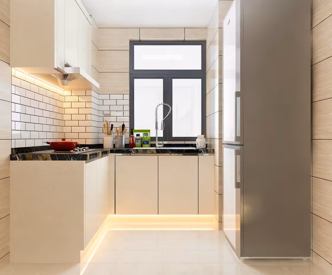 Modern kitchen with light wood cabinetry, black marble countertops, white subway tile backsplash, under-cabinet LED lighting, refrigerator, and large window.