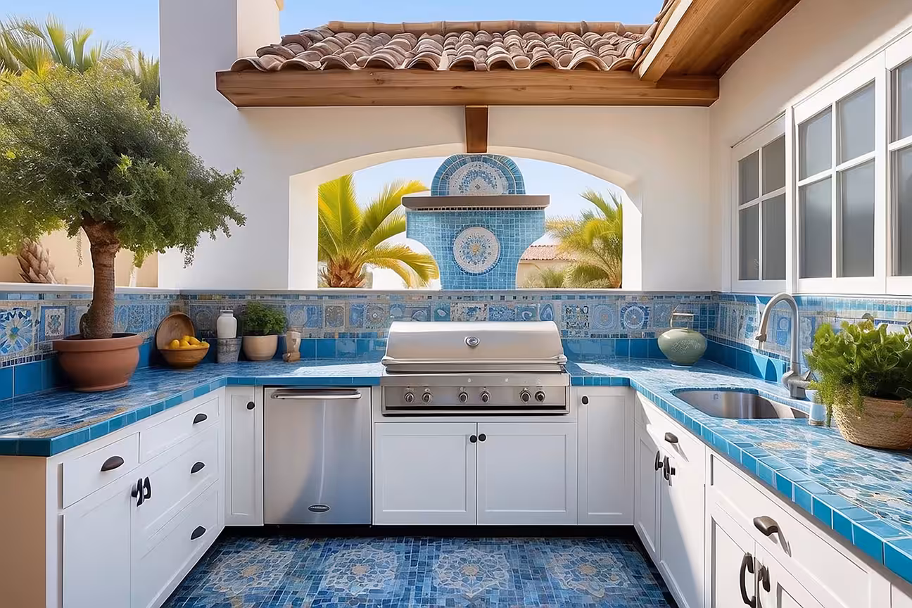 Tile backsplash grill station with covered patio, built-in grill, stone countertop, and bar seating area