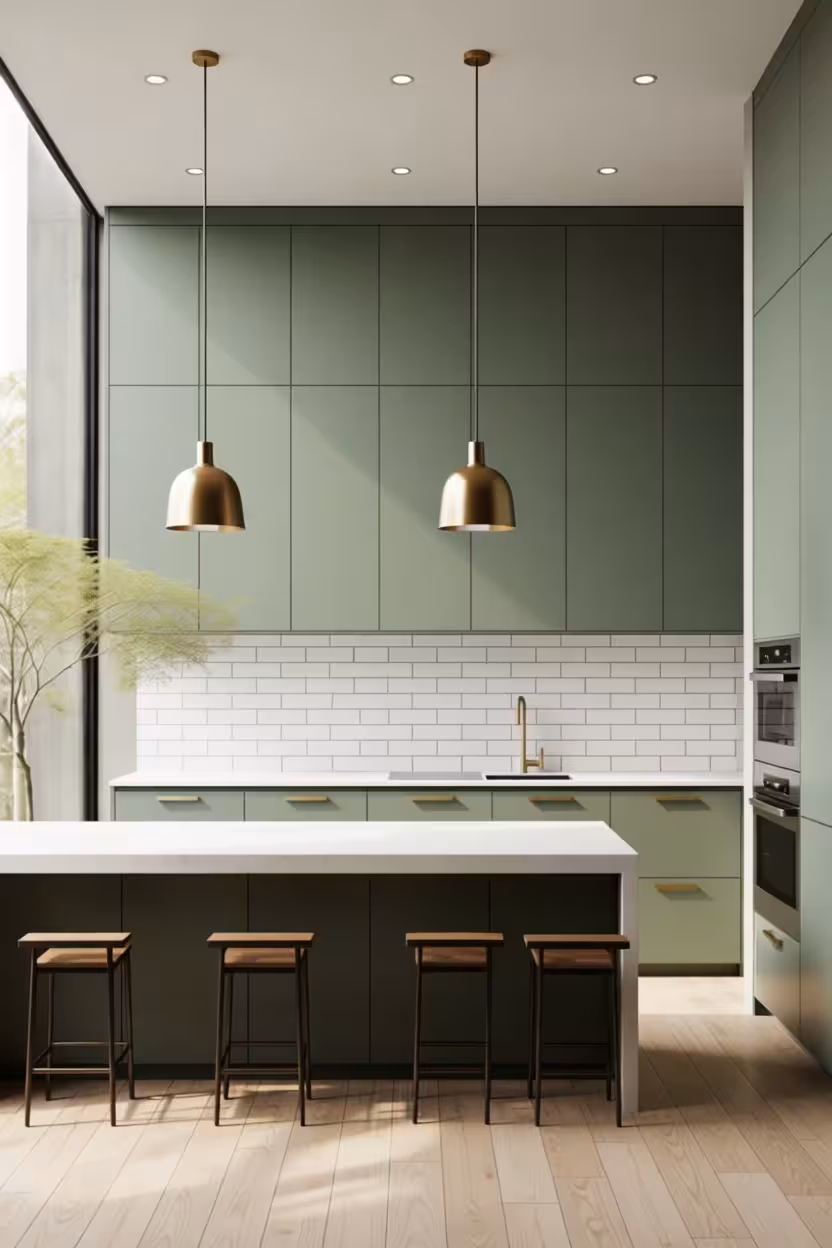 Modern covered patio kitchen with matte olive green cabinetry, white subway tile backsplash, brass fixtures, wooden bar stools, and warm natural light.