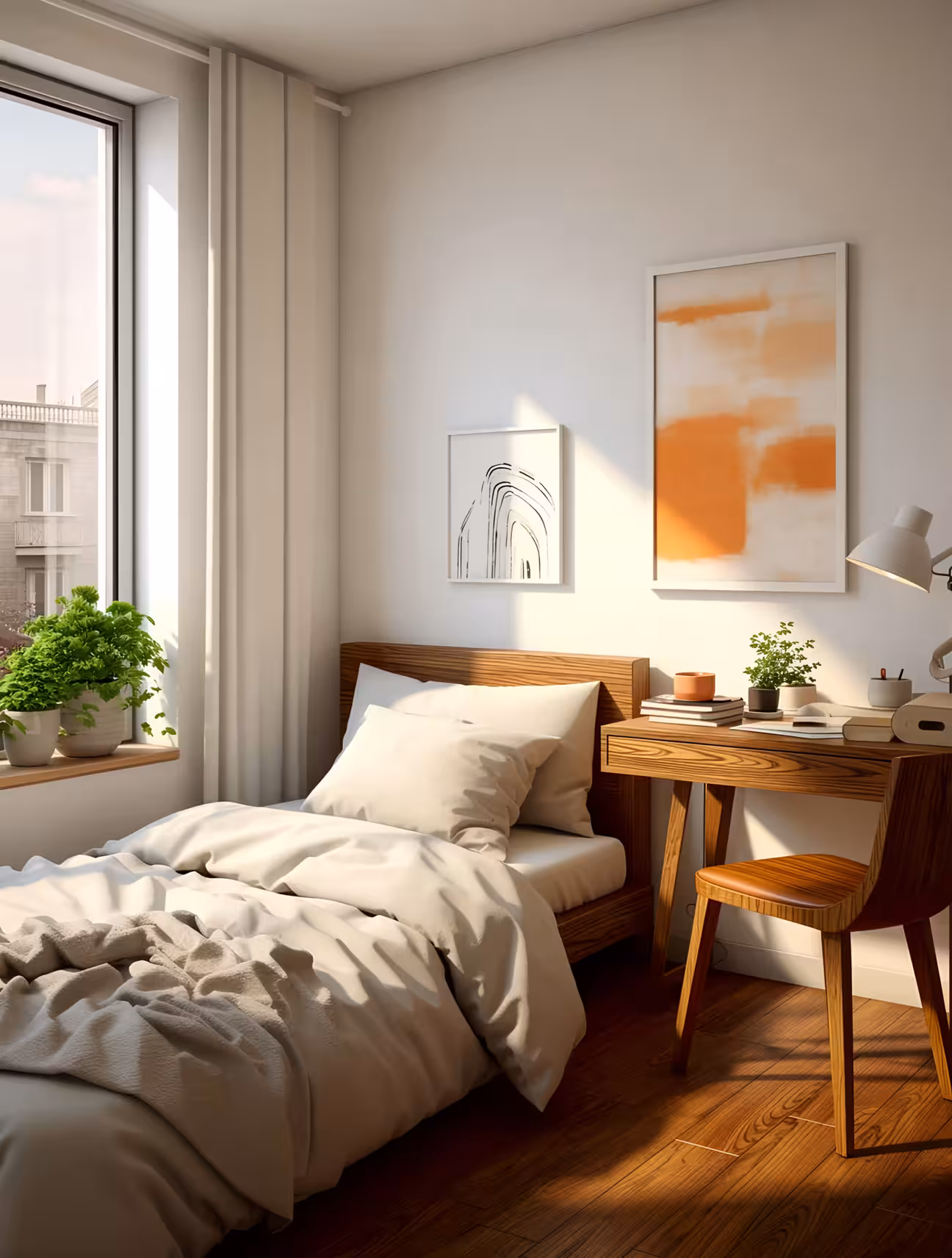  Small bedroom design with a single bed pushed against the white wall, a warm wood headboard and matching compact desk directly beside it, plants on the windowsill, city view through a tall corner window, two framed art prints, and warm afternoon sunlight on wood floor