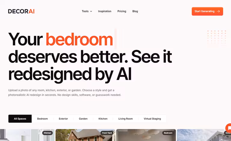 Landing page of decorai.io showing a navbar at the top, a hero section displaying a headline with a subheading, a photo gallery at the bottom.