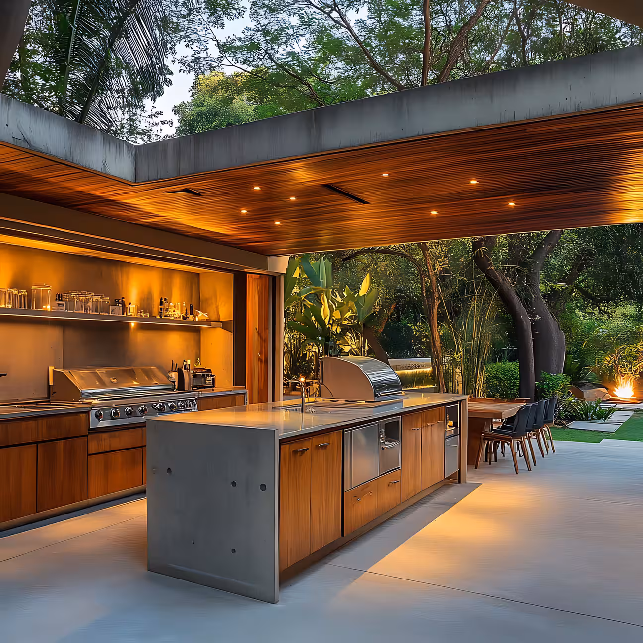 Spacious outdoor kitchen with stainless steel appliances a large grill and stone island with bar stools set beside a backyard pool. 
