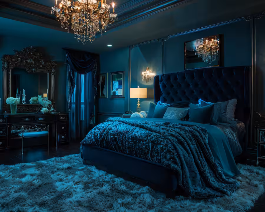 A dark moody bedroom design with blue aesthetics
