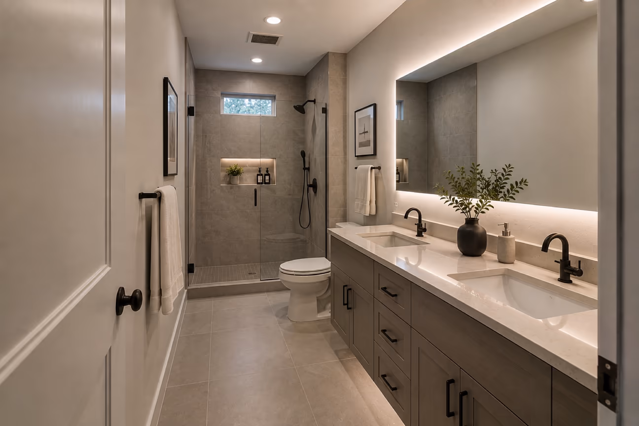 A 5 by 10 foot primary bathroom with a double vanity along one wall, a toilet, and a walk-in shower with a glass screen at the far end