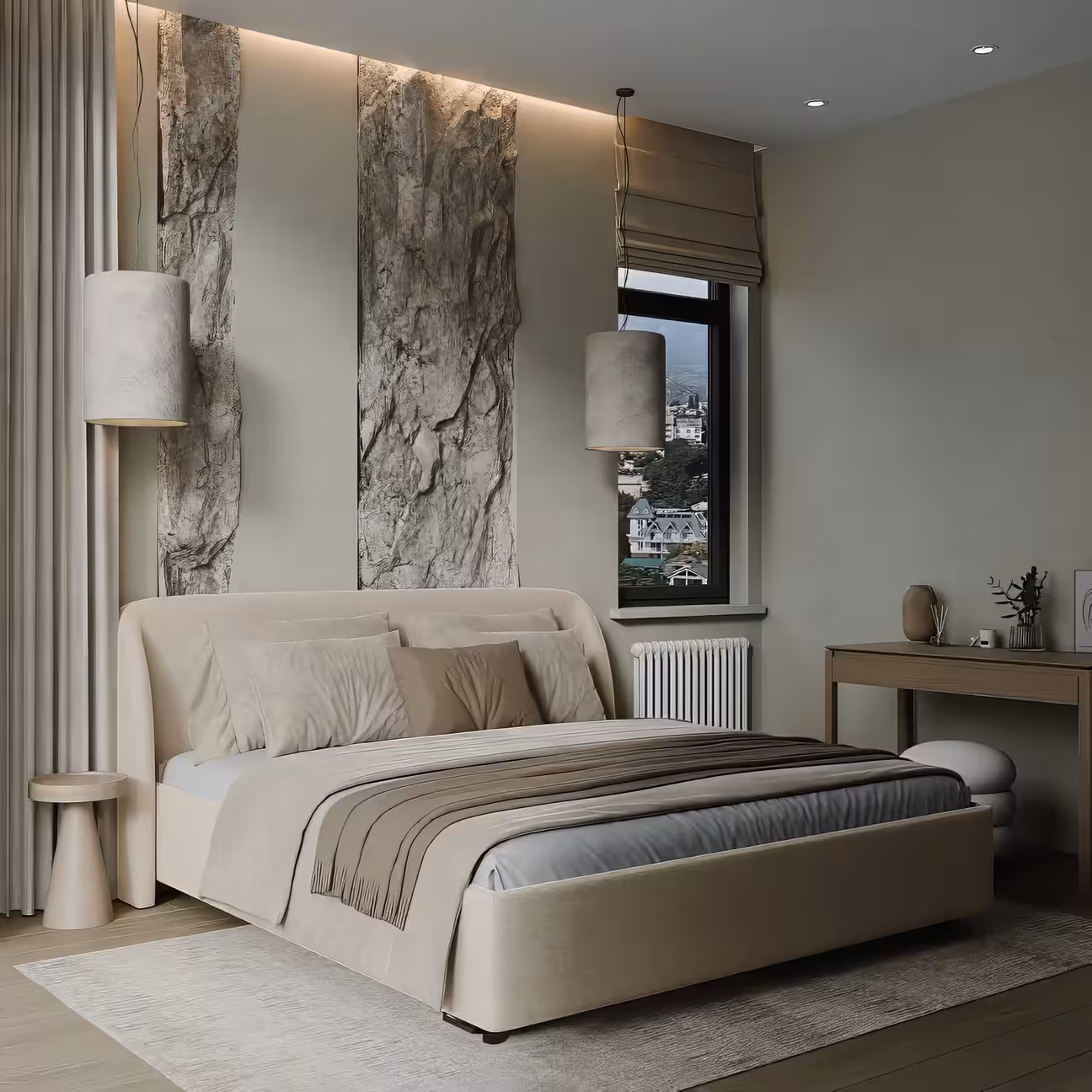 Modern neutral bedroom with sage and greige walls, two vertical stone slab texture panels behind the bed, a large curved cream upholstered headboard, warm pendant lights on either side, a compact desk and stool to the right, and light wood flooring