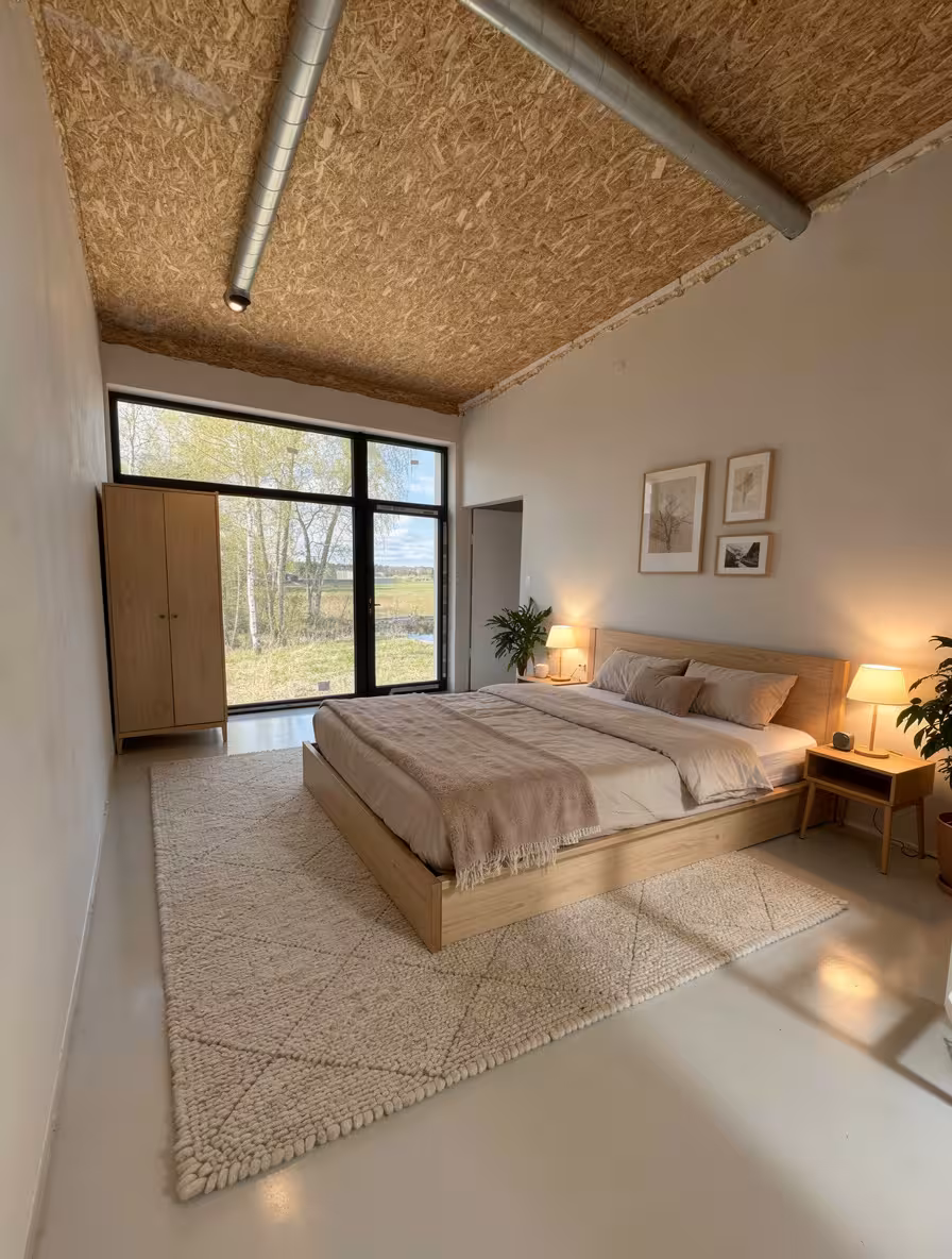 A Scandinavian bedroom with natural wood bed frame, beige bedding, textured cream rug, large window overlooking greenery, minimalist decor, warm lighting, and cozy atmosphere.