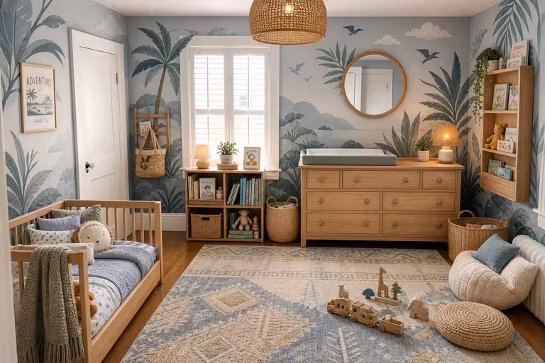 Scandinavian nursery room with tropical wall murals, light wood crib, woven baskets, soft blue-green accents, and natural textures