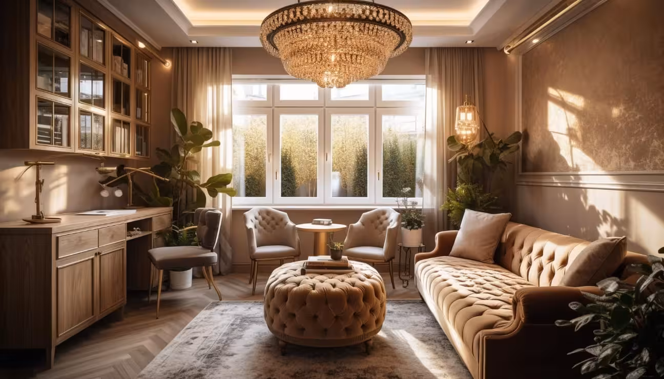 A quiet luxury living room with a chandelier and a couch with a number of pillows and a large chandelier. AI-generated