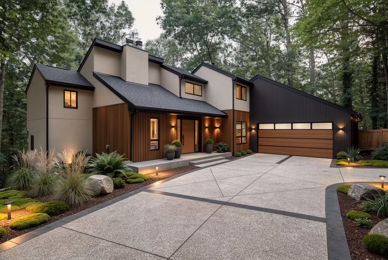 Modern Woodland house exterior with cedar wood accents, charcoal trim, modern landscaping, and warm exterior lighting