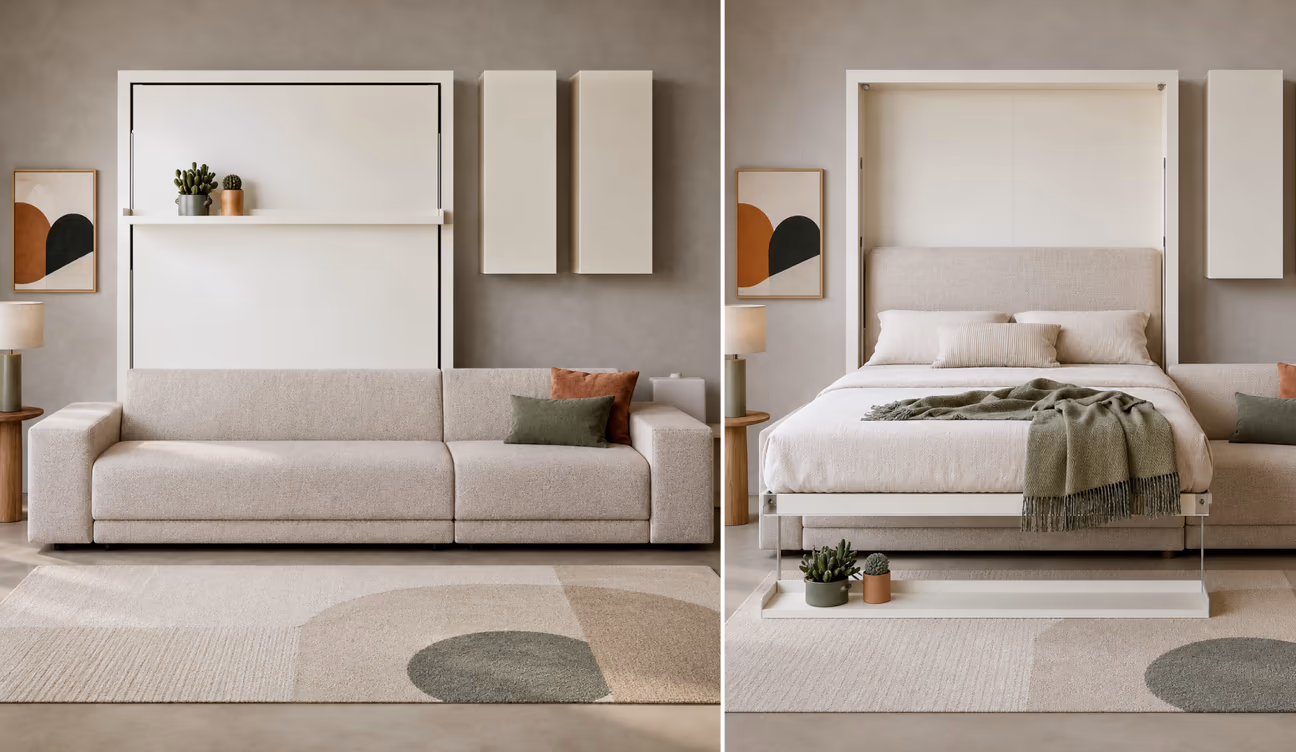 Side-by-side comparison of a modern Murphy bed living room in closed and open configurations. The left image shows the wall bed folded into a sleek white cabinet above a contemporary beige sofa, creating a minimalist living space with neutral décor and geometric artwork. The right image shows the Murphy bed folded down over the sofa, revealing a cozy bedroom with white bedding, a fabric-upholstered headboard, integrated shelf, and soft earth-tone accents.