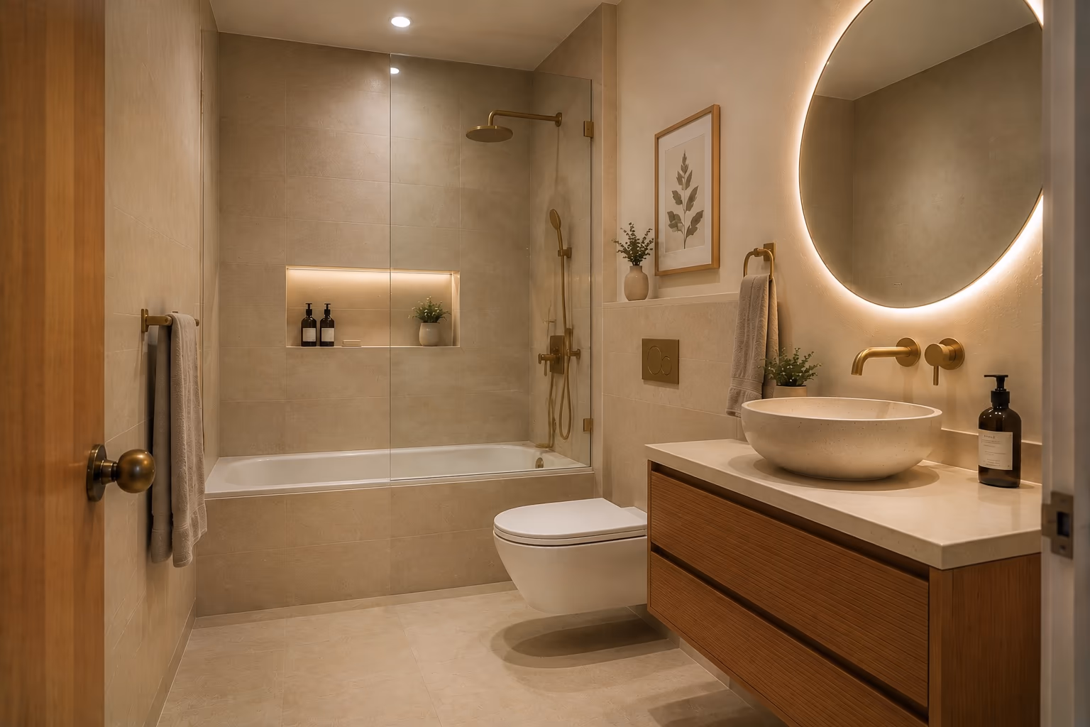 The same bathroom after an AI redesign, with large stone tiles, a glass shower screen over the bath, a floating wood vanity and a round backlit mirror