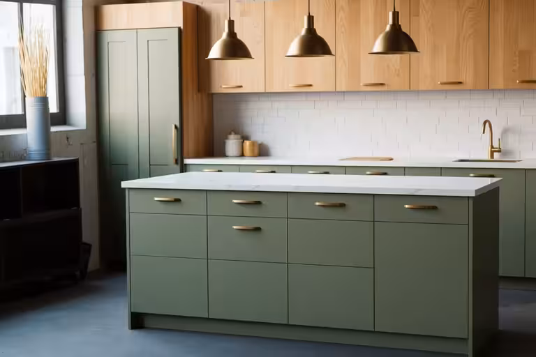 Modern island kitchen with matte olive green lower cabinets and island, light wood upper cabinets, white subway tile backsplash, brass fixtures, and pendant lighting.