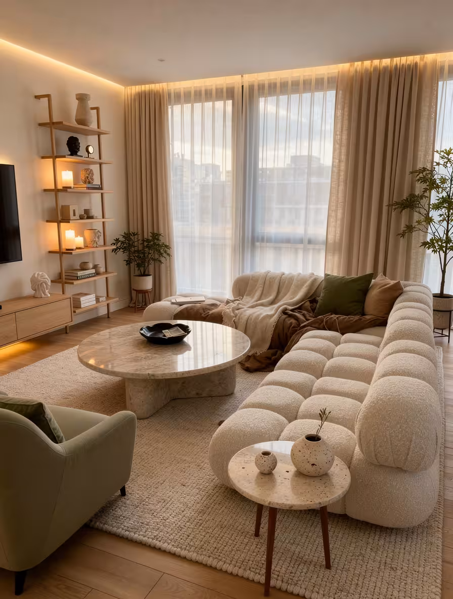 Modern Scandinavian apartment living room with curved boucle sofa, marble coffee table, and warm ambient lighting.