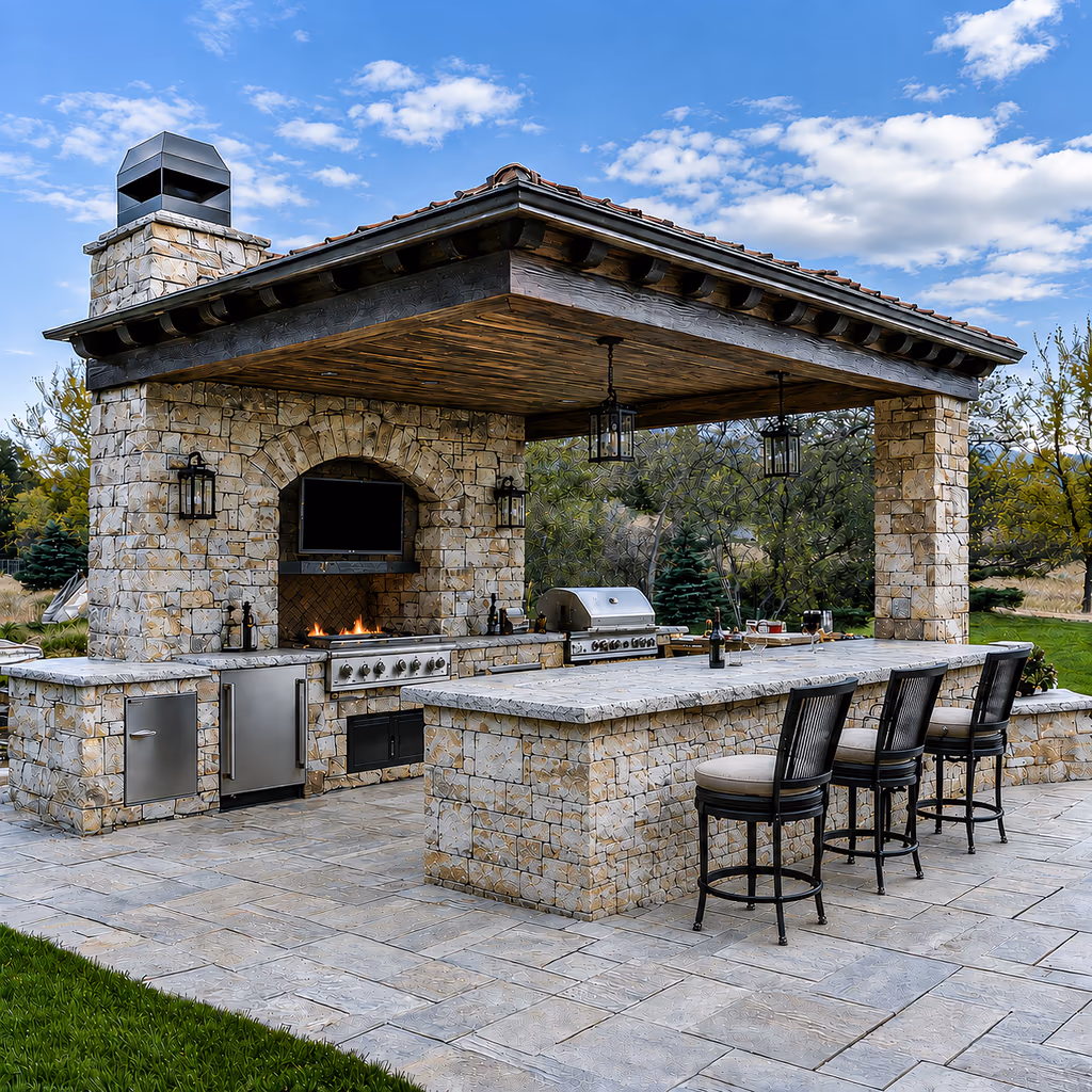 Covered outdoor kitchen with stone structure, built-in grill, fireplace, bar seating, and overhead lighting in a backyard patio.
