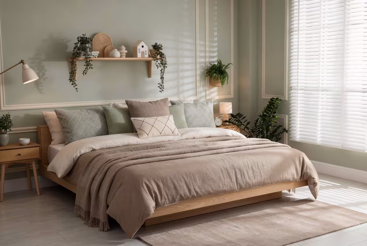 Scandinavian bedroom with muted green walls, light wood furniture, soft beige bedding, textured pillows, hanging plants, natural light.