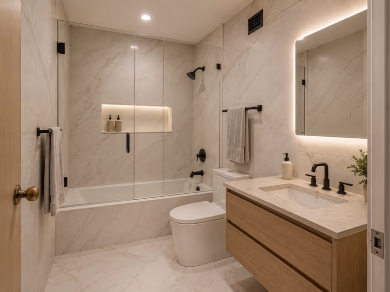 The same bathroom after a high finish remodel, with veined stone tile to the ceiling, a full height glass enclosure, a lit niche, a skirted toilet and a floating oak vanity