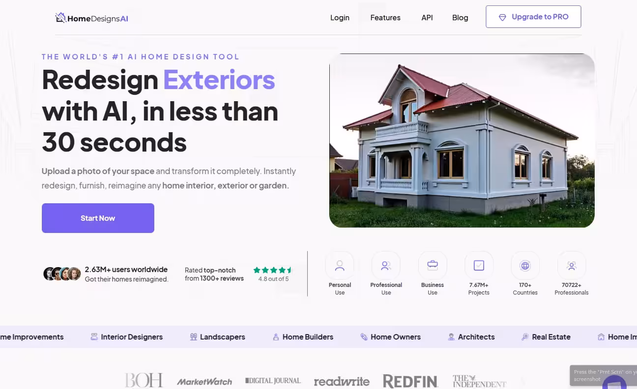 HomeDesigns.AI landing page showing a navbar with menus and CTA, a hero section with heading, subheading, an image of a house exterior, icons, company logos