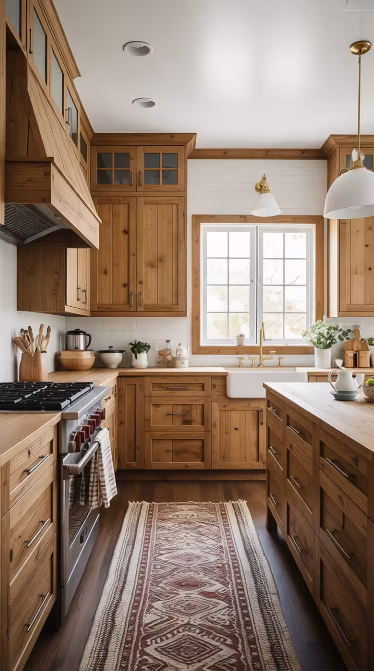 Rustic farmhouse kitchen with natural wood cabinets, farmhouse sink, white subway tile, and large wood island