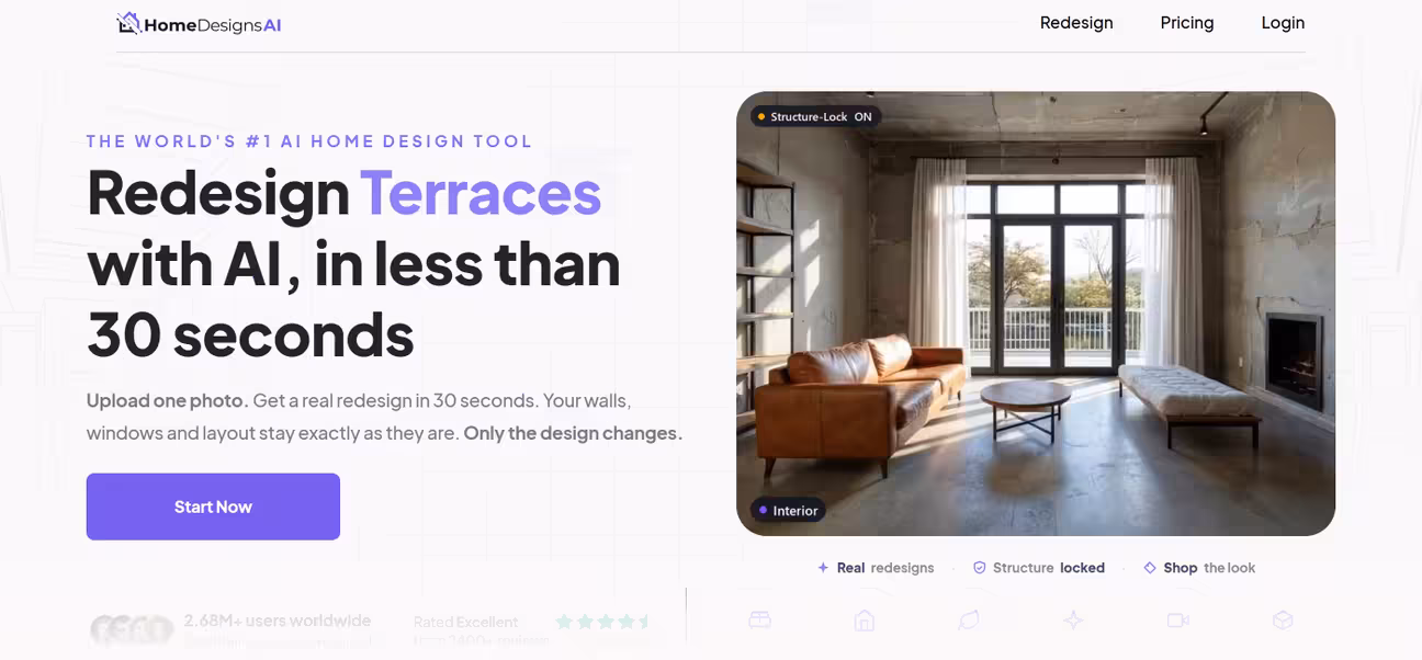 Landing page of HomeDesigns.AI tool.