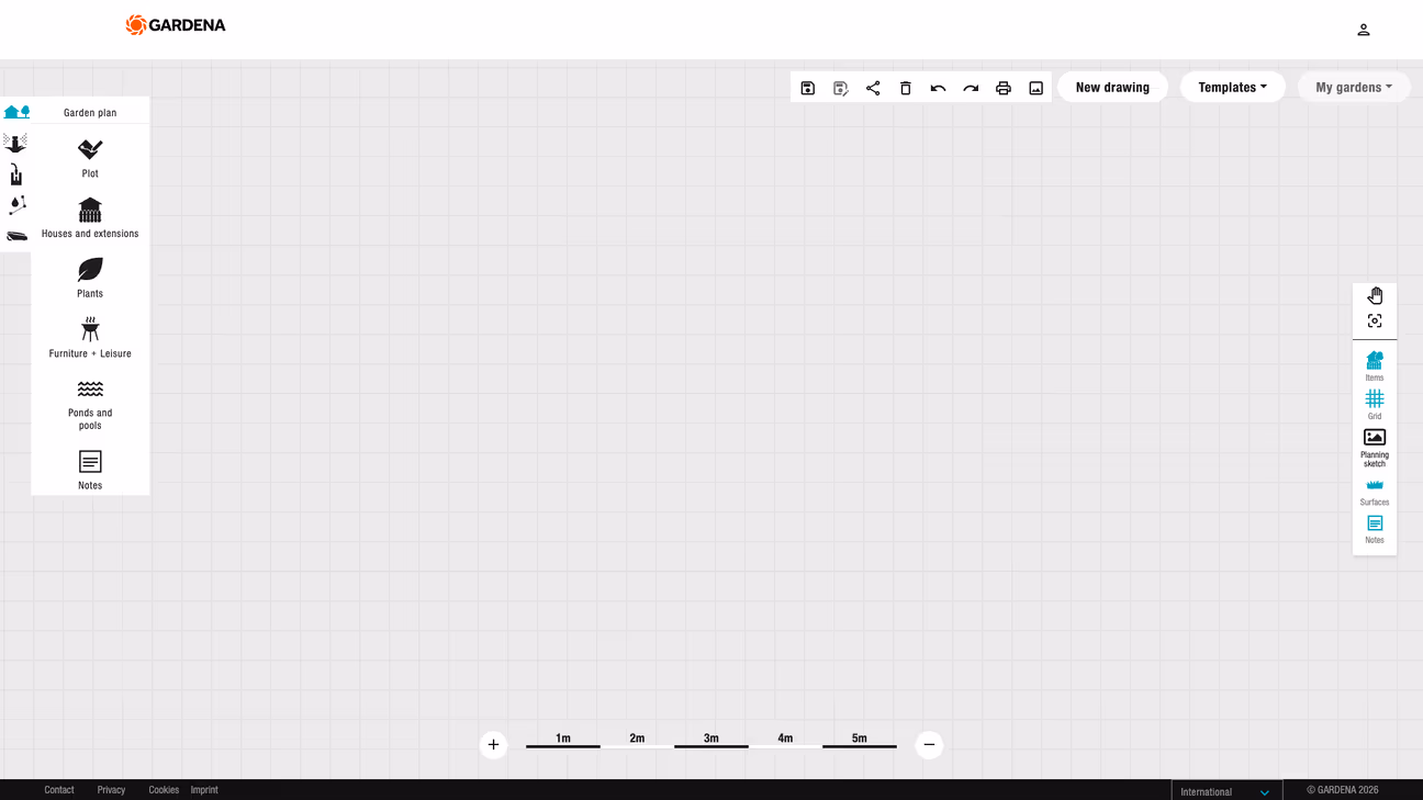 Gardena myGarden planner with plot, houses, plants, furniture and pond tools on a grid