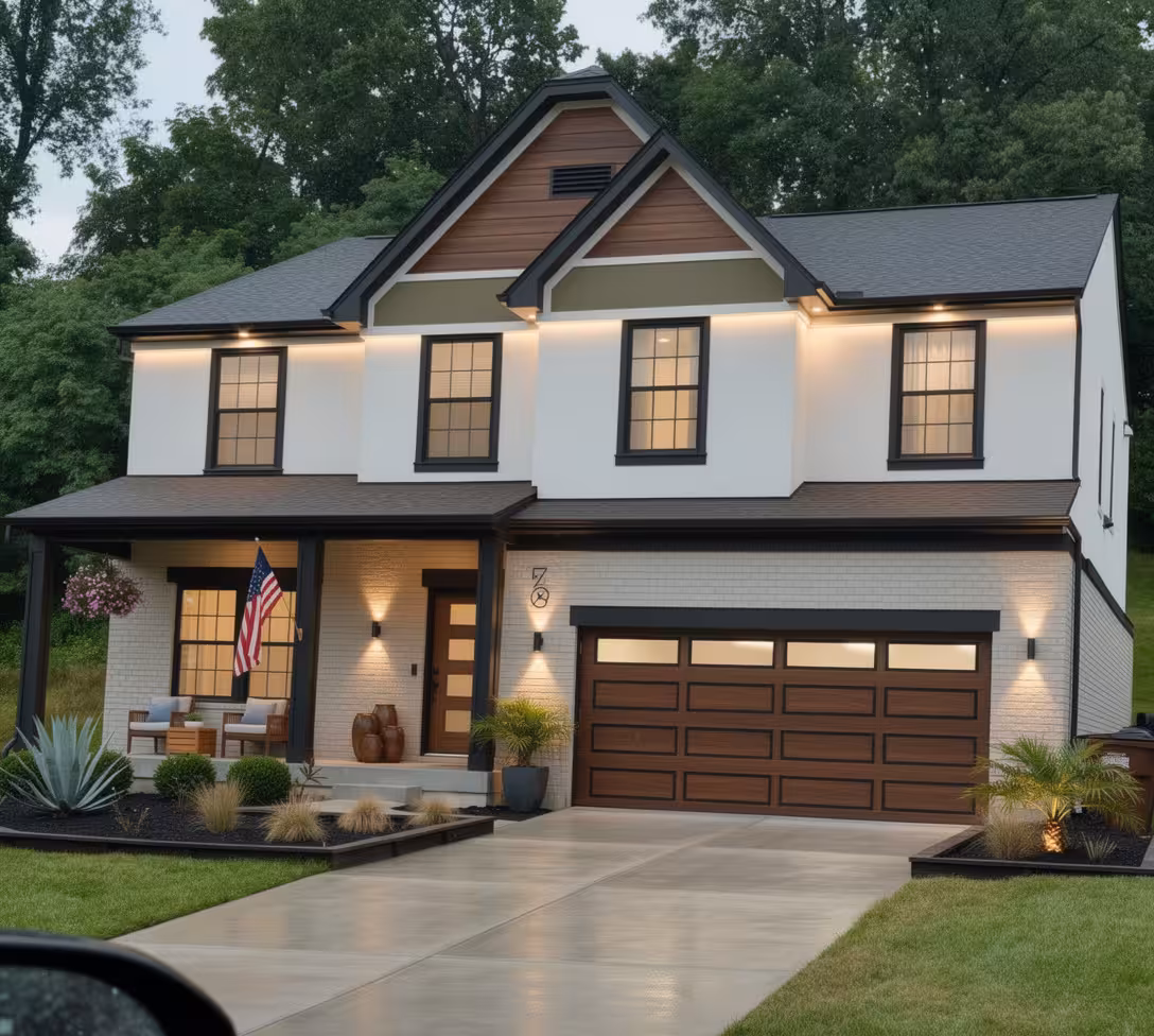 Mid-Century Modern house exterior with wood garage door accents, matte black trim, white stucco walls, and modern landscaping