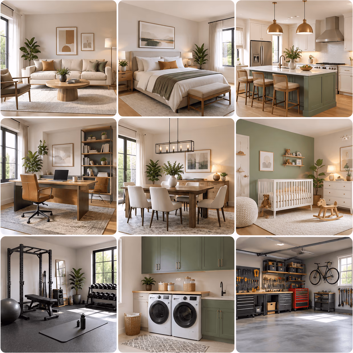 Nine AI redesigned spaces including a living room, bedroom, kitchen, home office, dining room, nursery, gym, laundry and garage