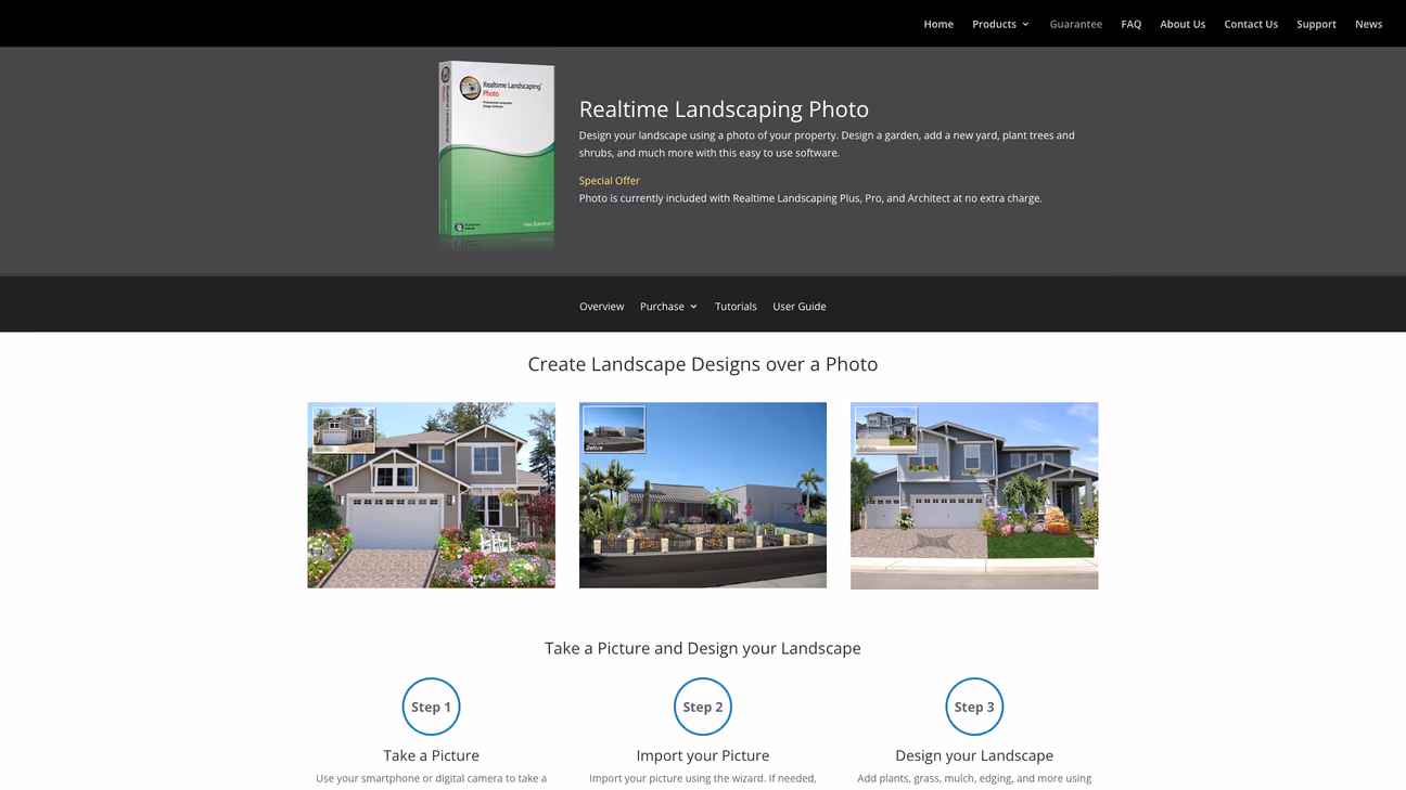 Realtime Landscaping Photo product page showing before and after front yard designs made over a photo