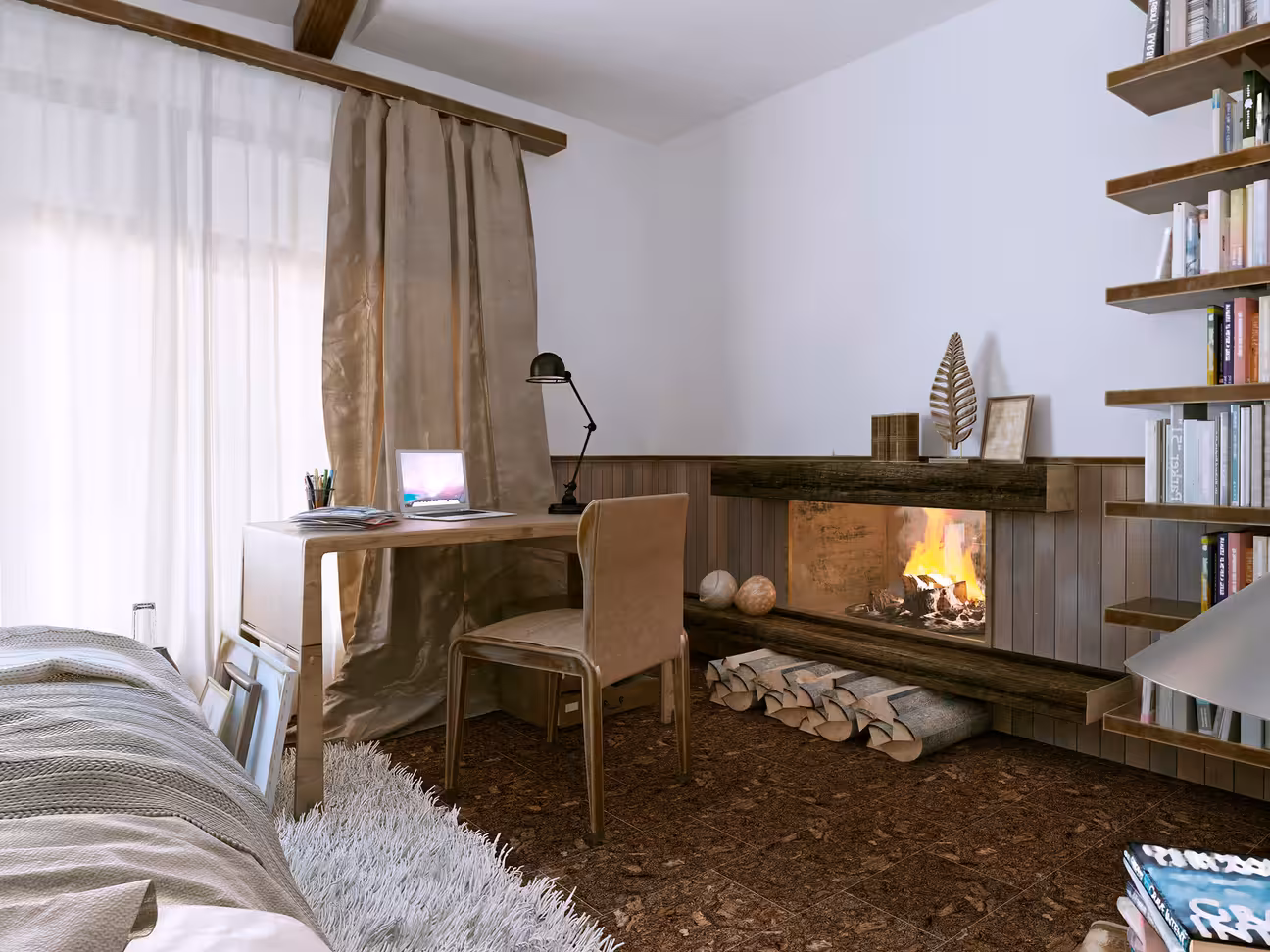Bedroom reading nook corner with a compact blonde wood desk, a task lamp, a low open fireplace set into a wood-paneled surround with log storage below, floor-to-ceiling open bookshelves on the right, a fluffy white shag rug, and soft natural light through sheer curtains