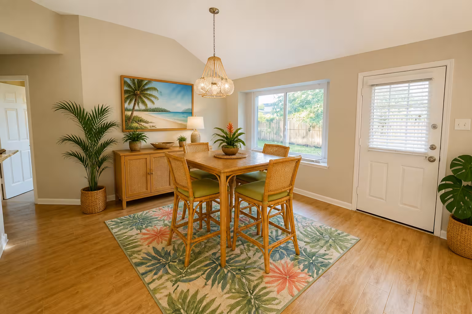 Tropical style dining room with rattan chairs, palm-patterned rug, wood sideboard, plants, and coastal wall art