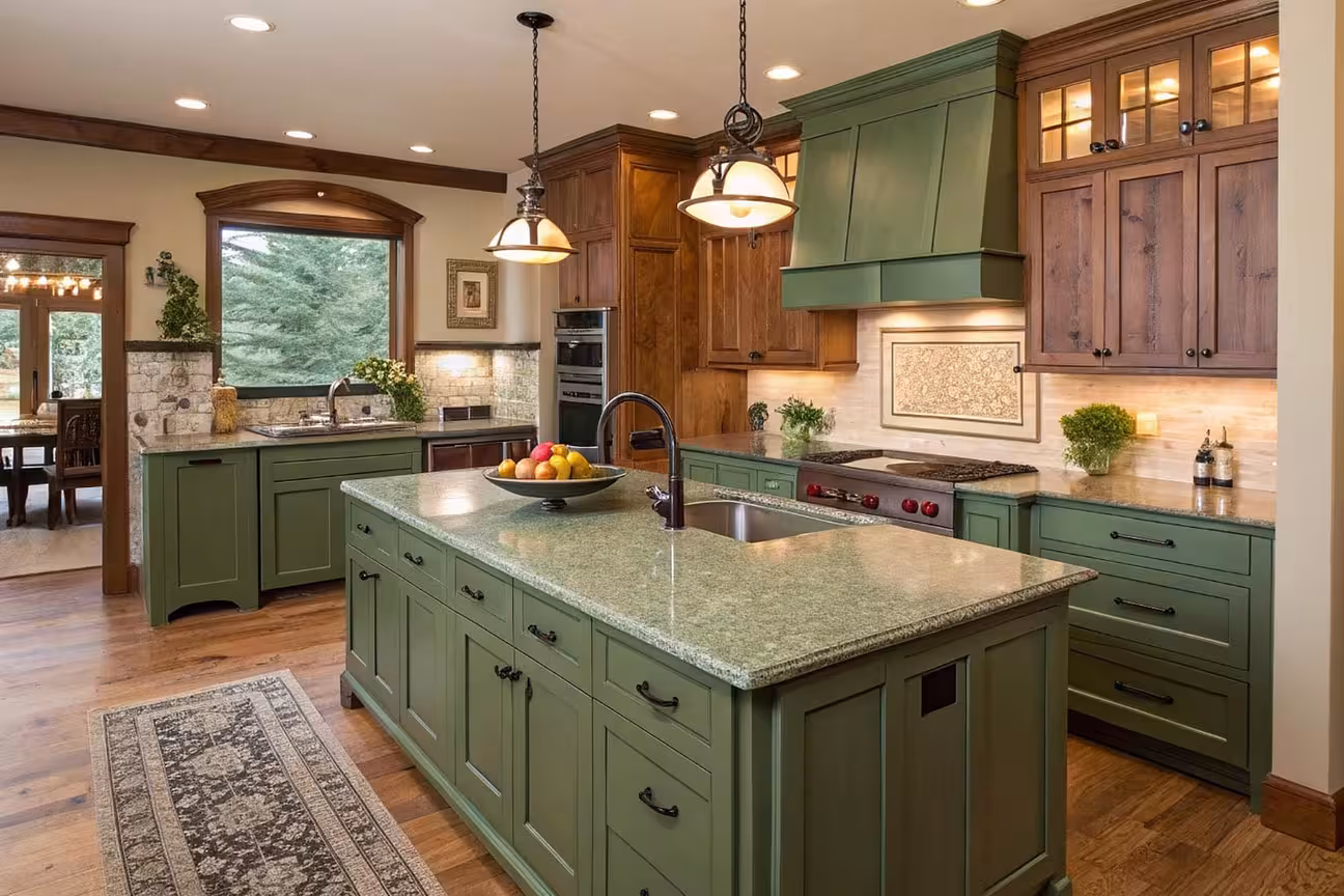 AI-generated: a kitchen with a warm cream perimeter, a sage green island as the single color accent, natural oak flooring, and white quartz countertops