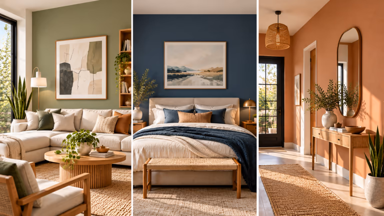 sage green living room, deep blue bedroom and terracotta entryway walls
