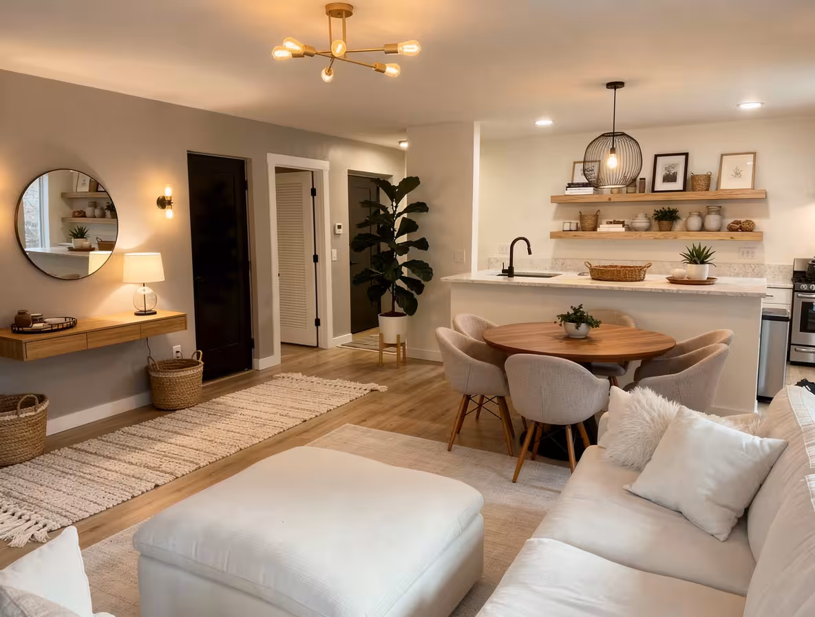 Contemporary open-concept living room with round dining table, floating shelves, warm wood accents, and neutral decor