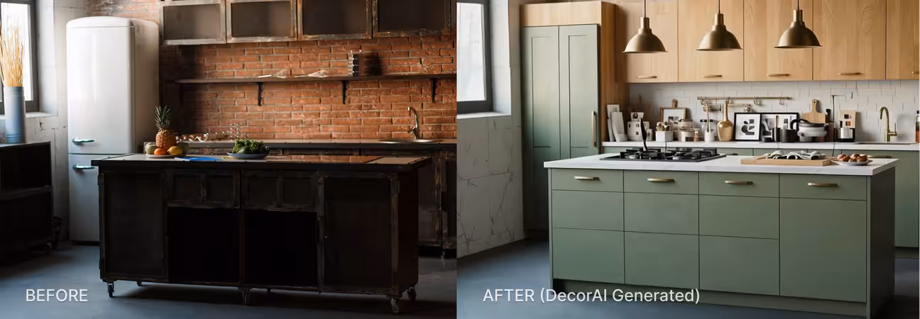Before: An original kitchen photo showing a dated layout with old cabinets and worn surfaces. AFTER: the same kitchen redesigned flat-panel sage lower cabinets, natural oak uppers, white quartz countertop, brushed brass hardware, and pendant lighting. Generated with DecorAI