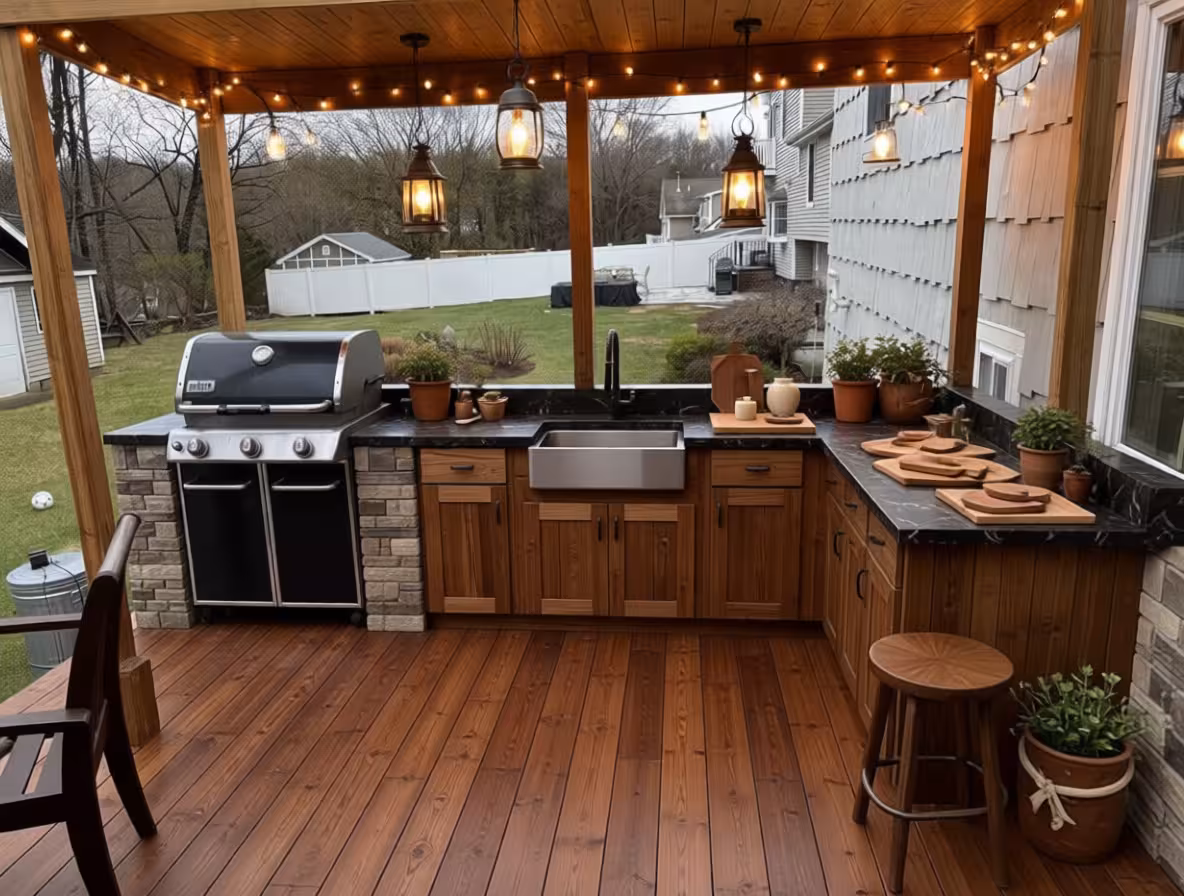 Rustic covered outdoor kitchen with wood cabinetry, farmhouse sink, and warm string lighting