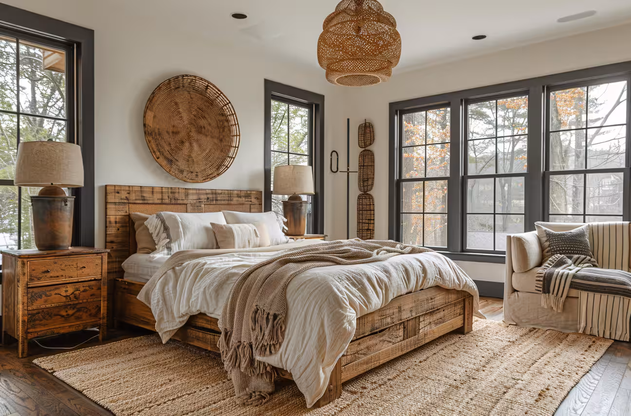 Farmhouse bedroom with a chunky reclaimed wood bed frame and patchwork wood headboard, large round woven rattan wall art, rattan pendant chandelier, antique distressed wood bedside tables with linen shades, jute rug, and black-framed windows with an autumn tree view