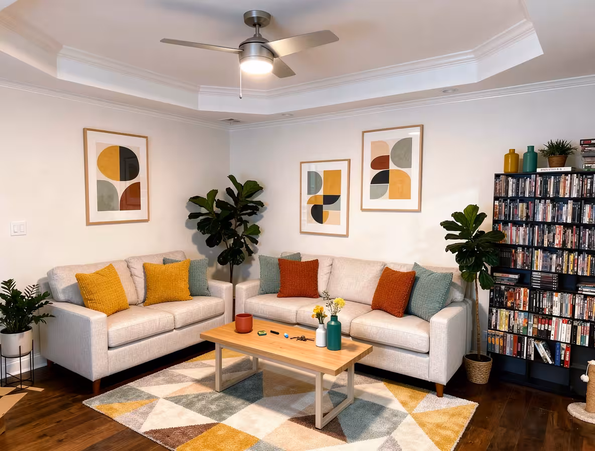Contemporary living room with light beige sofas, colorful geometric pillows, wooden coffee table, abstract wall art, indoor plants, and warm, inviting atmosphere.