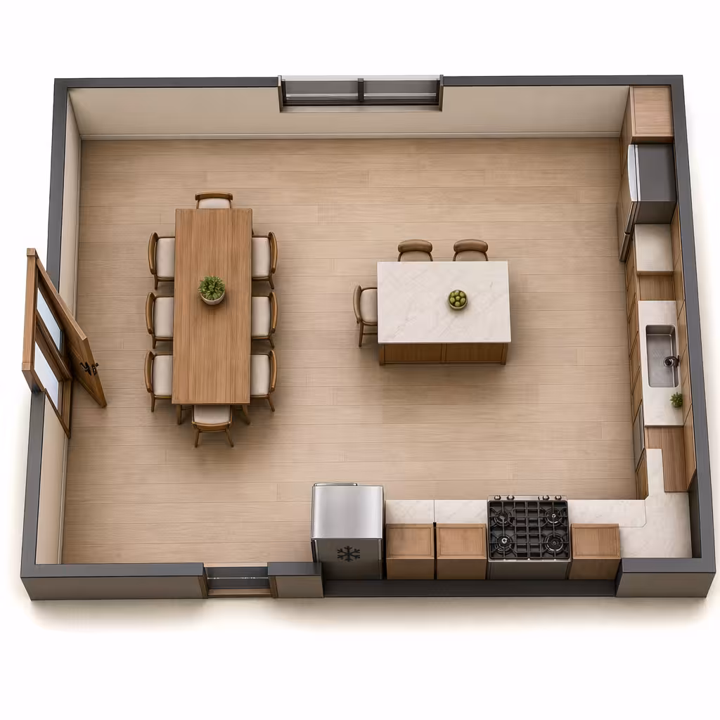 A 3D top-down kitchen floor plan showing a rectangular room with a dining table, central island with seating, perimeter cabinets, sink, stove, refrigerator, wood flooring, windows, and double doors.