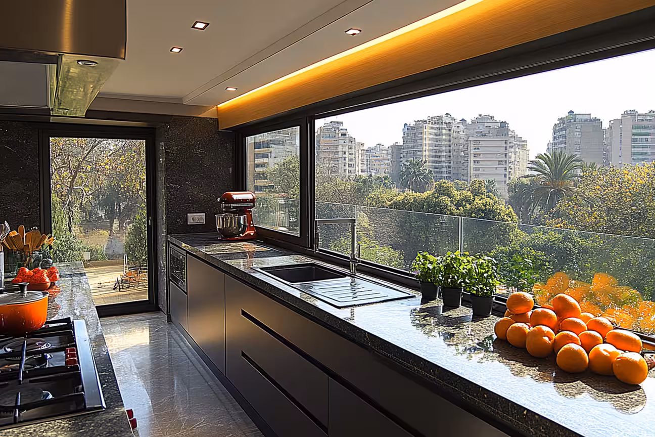 Compact balcony kitchen setup with fresh ingredients featuring minimalist countertop and organized cooking space