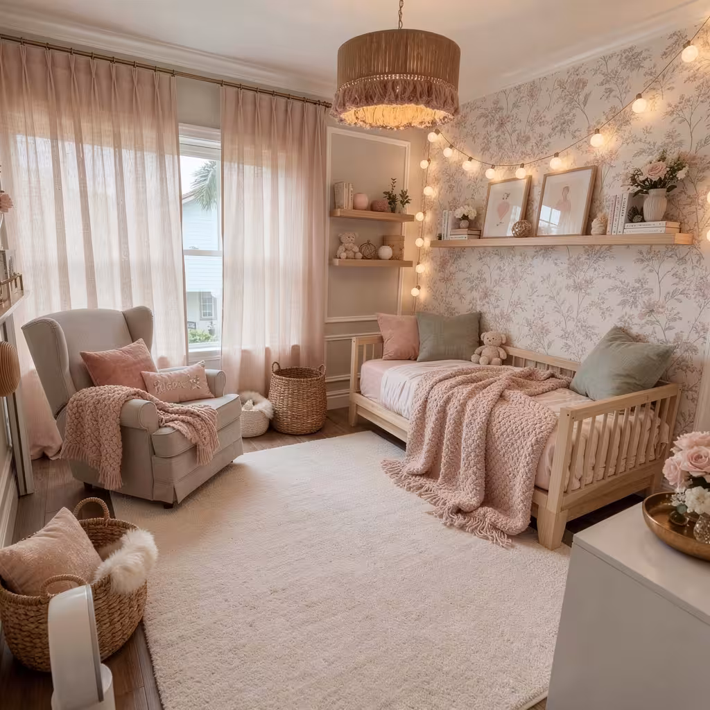 Contemporary kids bedroom with soft pink and beige tones, floral wallpaper, wooden daybed, armchair, string lights.
